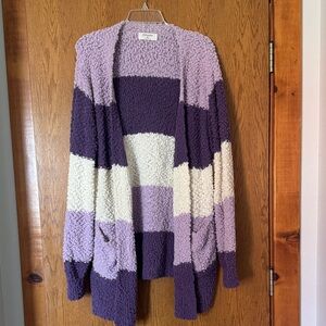 Cozy Colorblock Cardigan in Purple and Cream